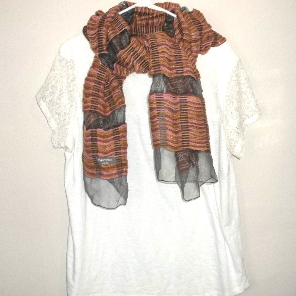 Camomilla Italia Scarf Brown Mauve Pink Orange Grey Black Long Yarn Boho S56 - Picture 6 of 7